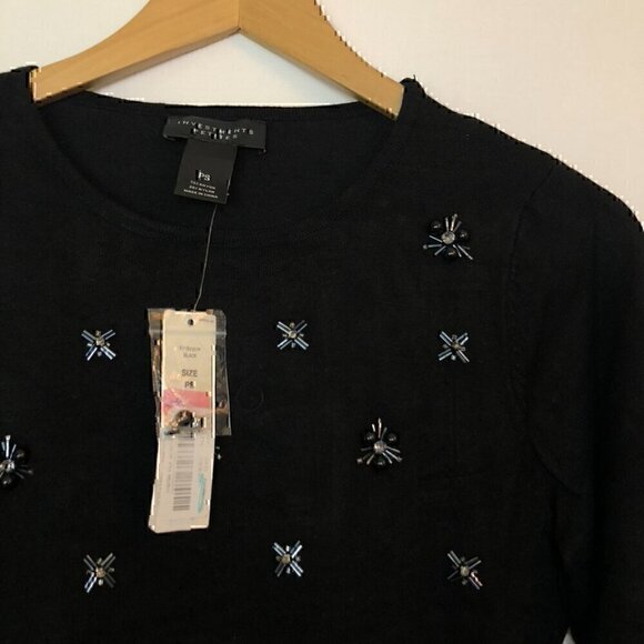 NEW INVESTMENTS PETITE Black Beaded Bead Holiday Rayon Crewneck Sweater PS SP - Picture 3 of 7